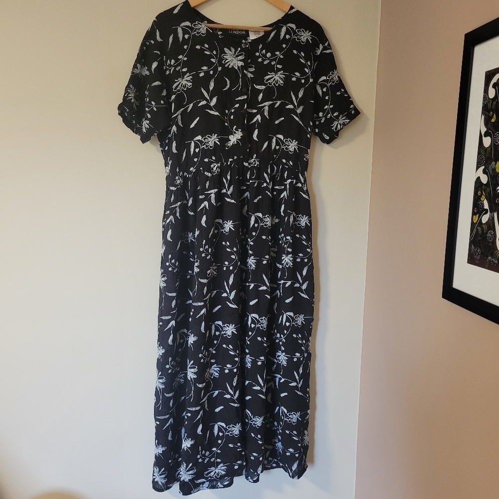 Vintage 90s Grunge Tie Back Indian Gauze Crinkle Rayon Floral Maxi Dress Medium